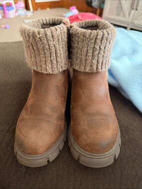 Brown Faux Suede Knit Cuff Ankle Boots